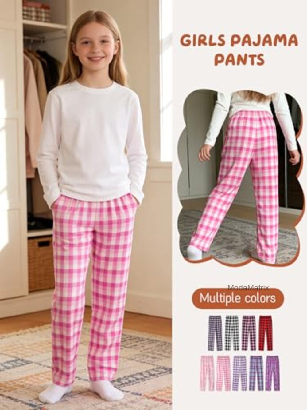 Kids Pajama Pants 3 Pack Soft Plaid Lounge Sleep Bottoms with Pockets - Picture 3 of 6